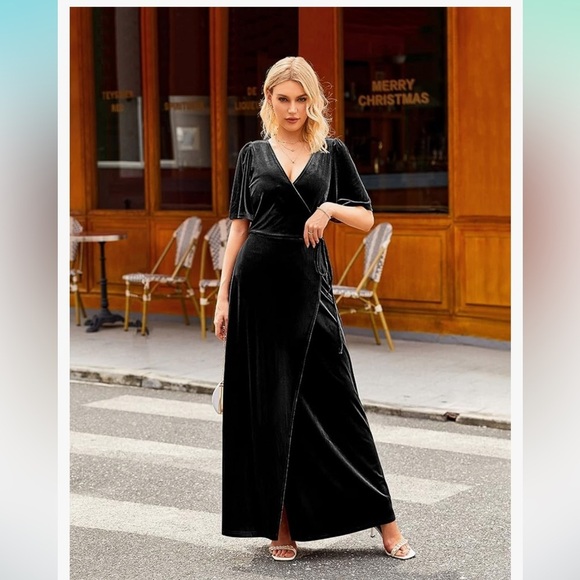 MEROKEETY Women's V Neck Wrap Velvet Maxi Dress Bell Sleeve, NWT! - Picture 2 of 13